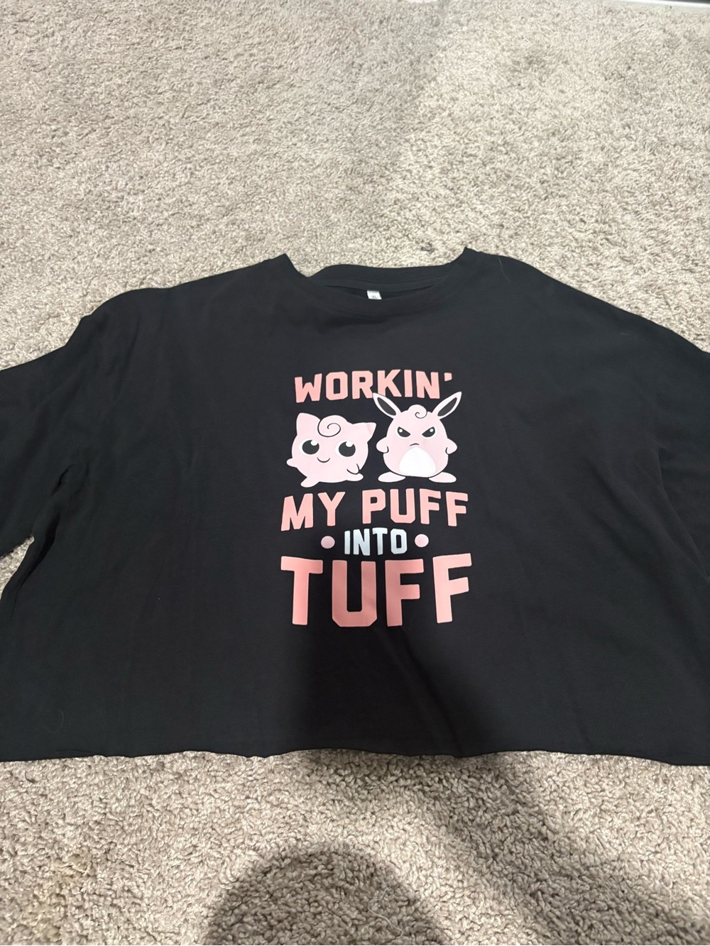 Black Graphic Crop Tee with Pink Pokemon Puff Design